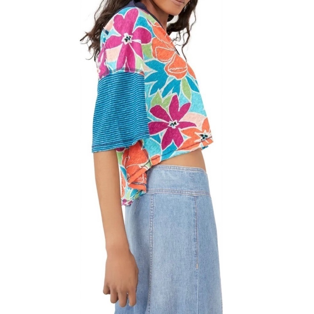 Nwt Free People On a Boat Cropped Boxy Polo in Coastal Floral Combo Size Medium - Picture 2 of 5